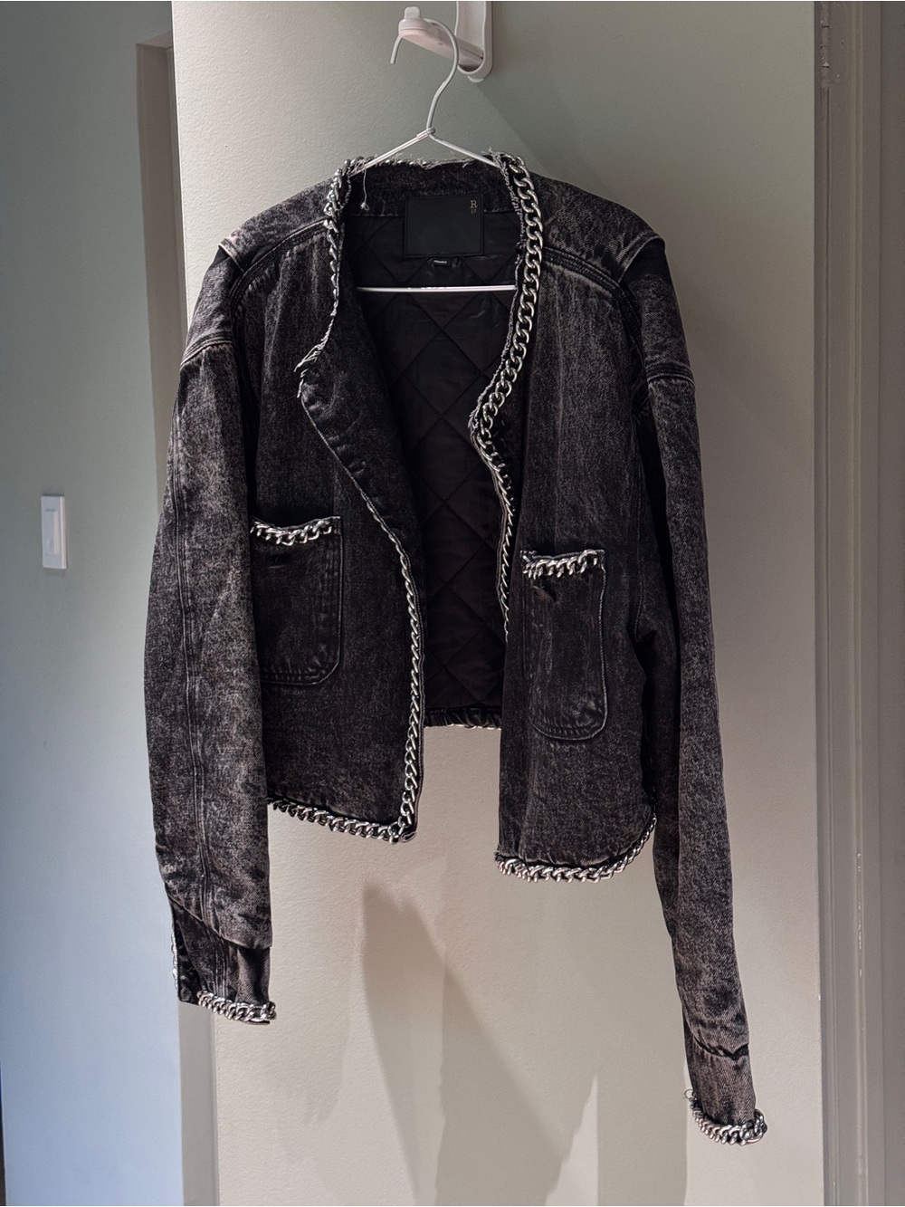 R13 Chain embellished cropped jacket with quilted lining in dusky grey denim